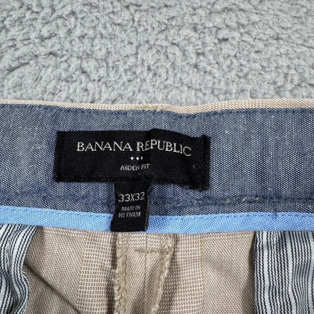 Banana Republic Aiden Fit Mens 33x32 Khaki Beige Striped Cotton Chino Pants Slim